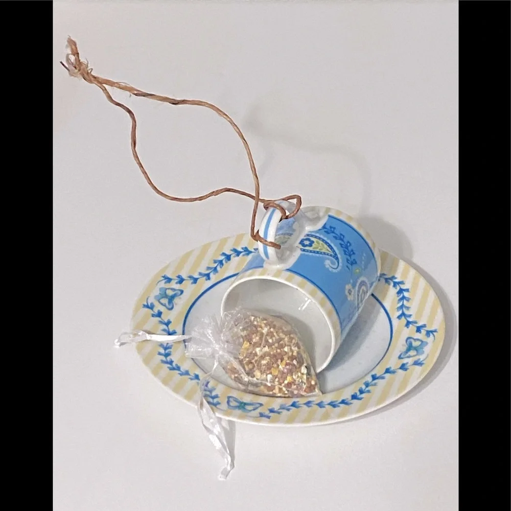 Outside Hanging Tea Cup Bird Feeder with Free Seeds